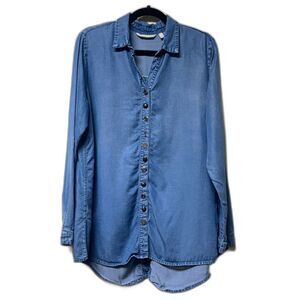 SOFT SURROUNDINGS Long Line Silver Novelty Button Down Tencel Shirt, Sz L